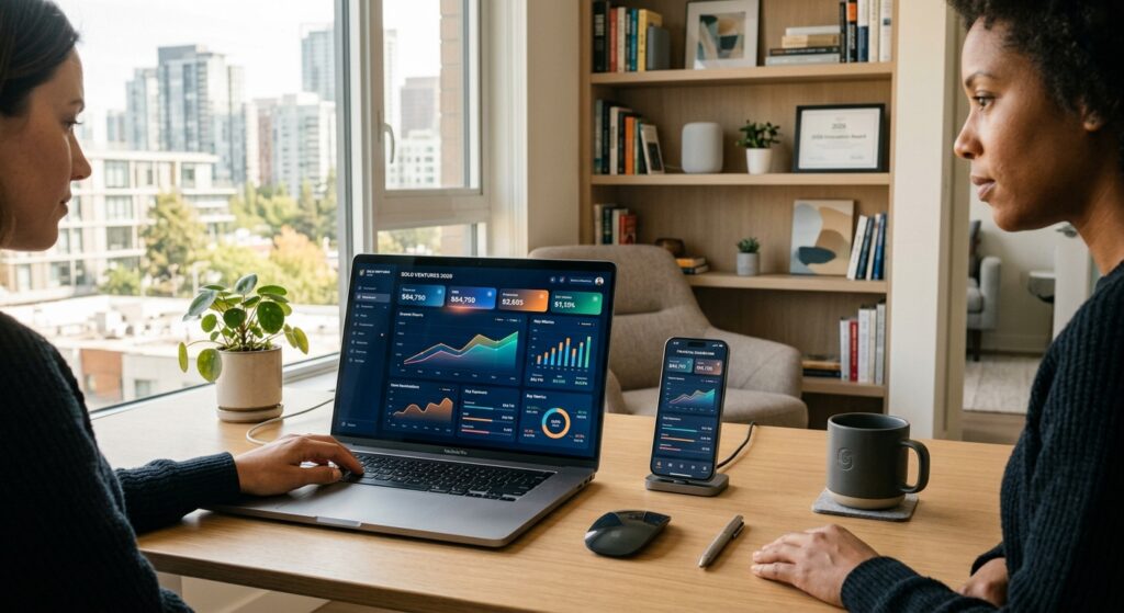 Deux femmes à un bureau analysant un tableau de bord financier sur un ordinateur portable et un smartphone