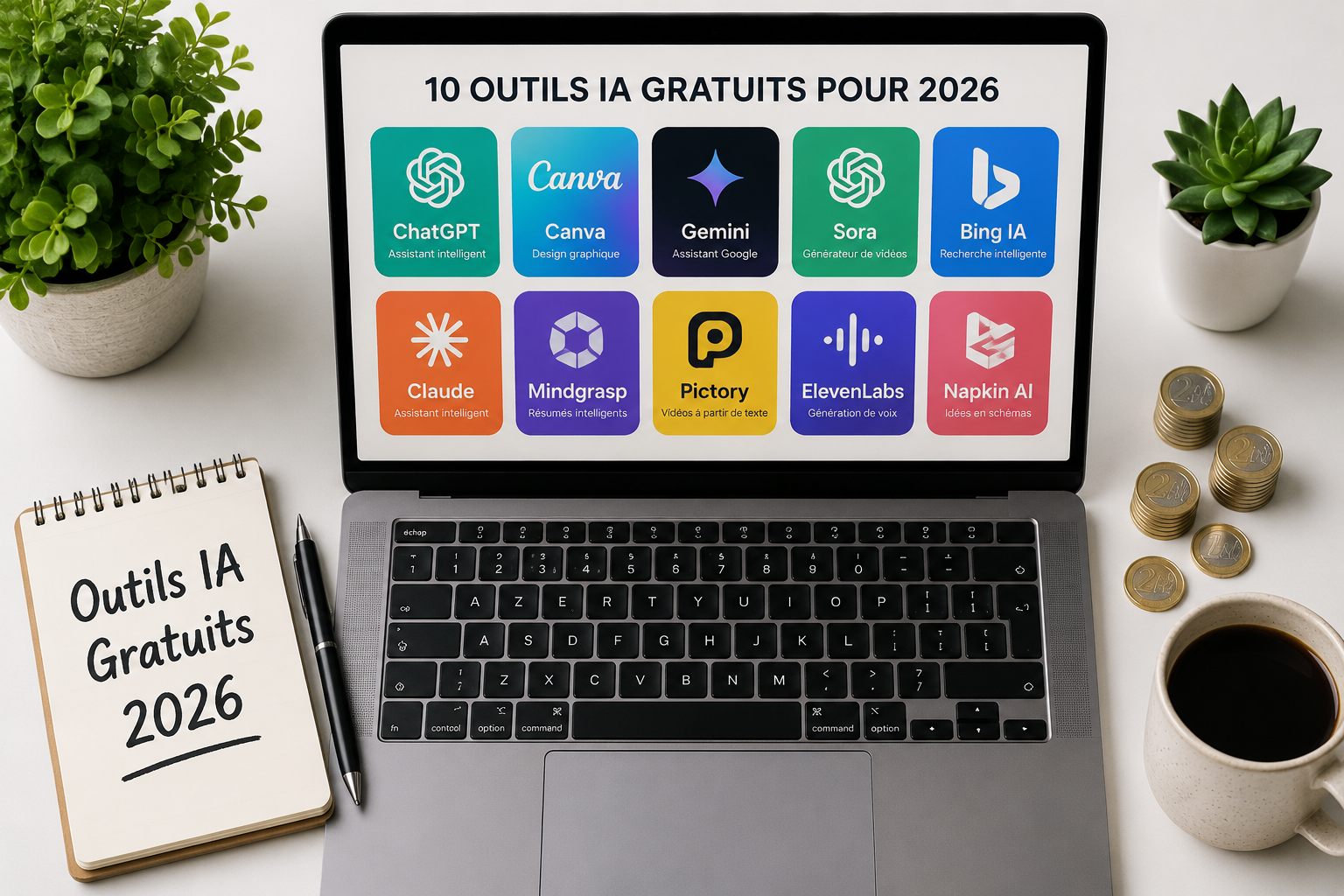Flat-lay overhead shot of a modern desk with a laptop screen showing 10 colorful AI tool logos arranged in a grid (ChatGPT,