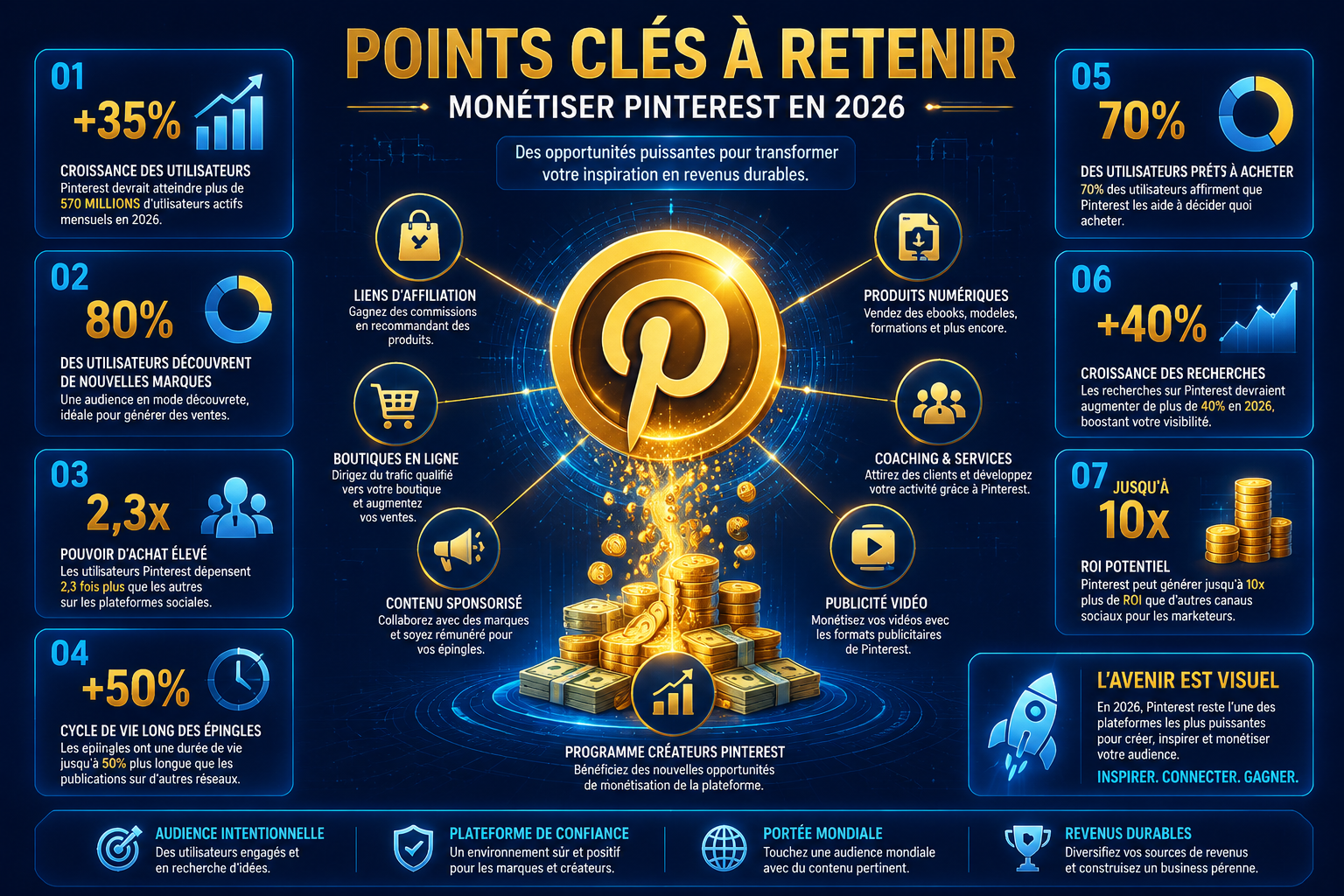 Infographic-style visual representing '🔑 Points clés à retenir' with a dynamic layout showing 6-8 key statistics about