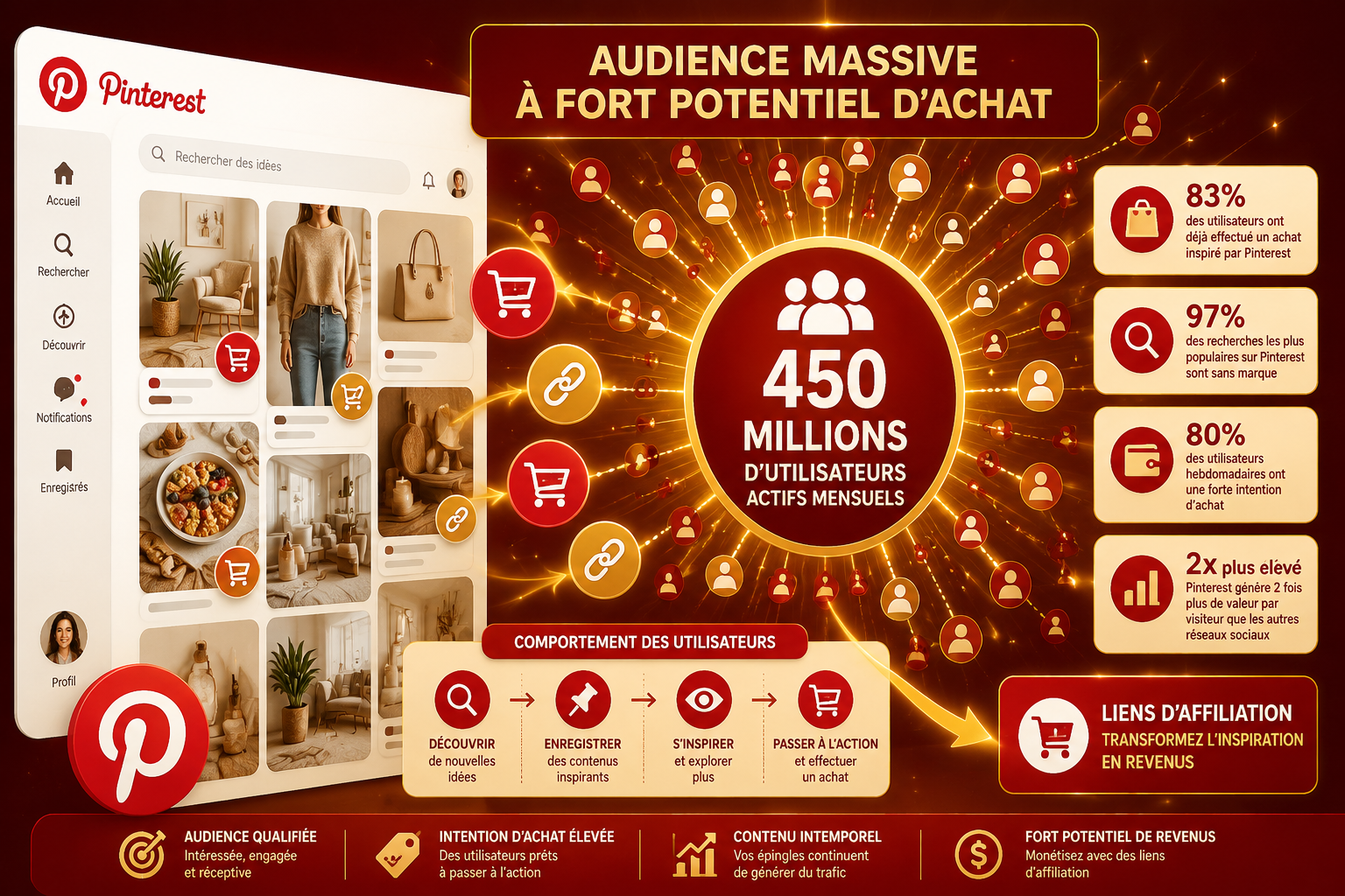 () infographic-style illustration showing Pinterest platform interface on left with 450 million user icons radiating