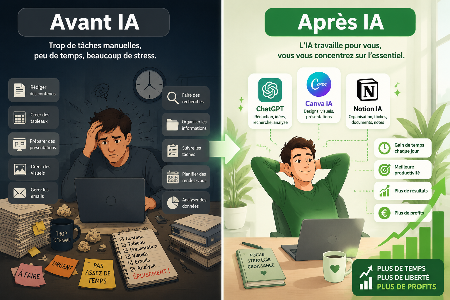 Split-screen infographic illustration showing two sides: left side a person overwhelmed with manual tasks (dark tones),