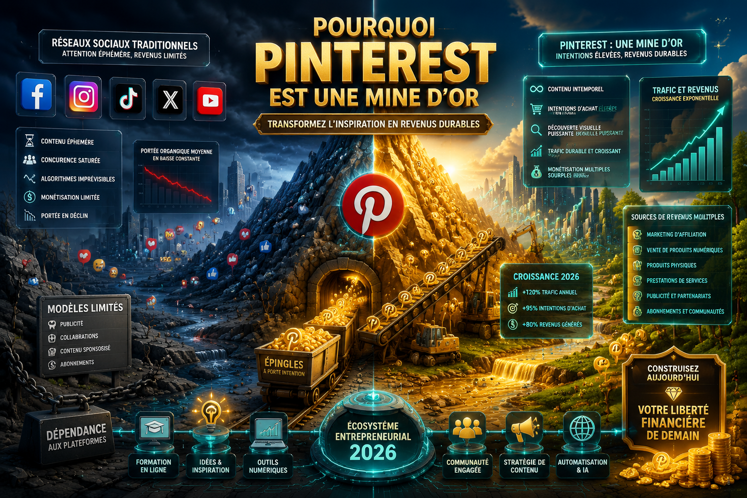 Conceptual illustration depicting 'Pourquoi Pinterest est une mine d'or' with a surreal landscape where Pinterest pins are