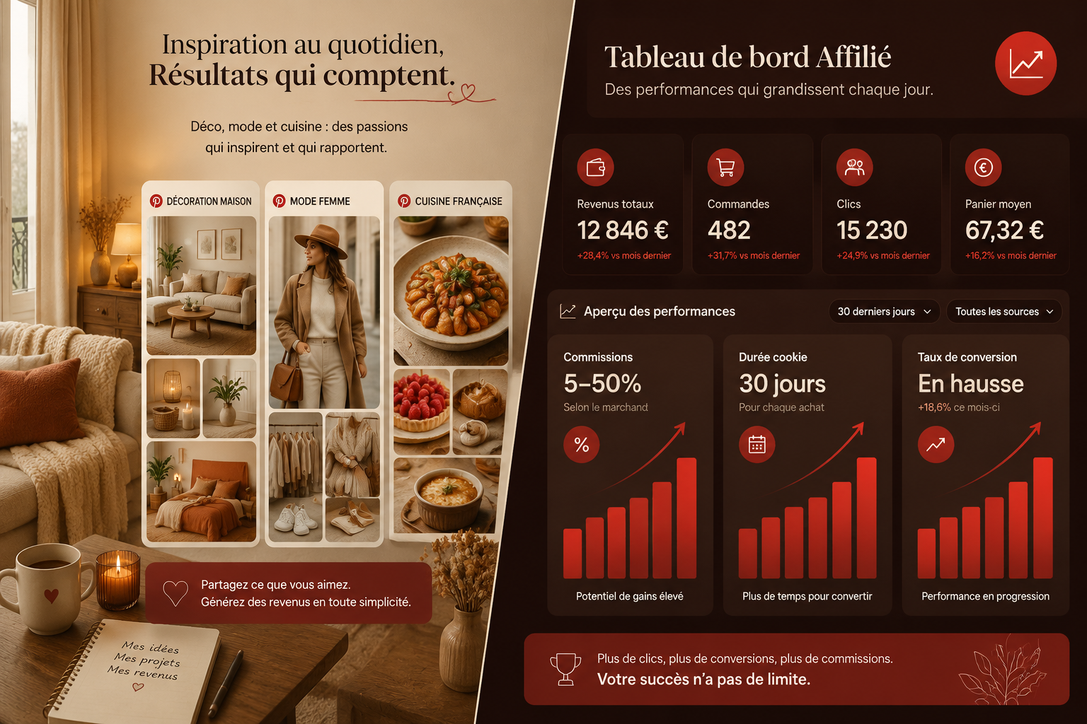 () split-screen comparison visual showing on the left side a cozy French home interior with Pinterest-style mood board pins