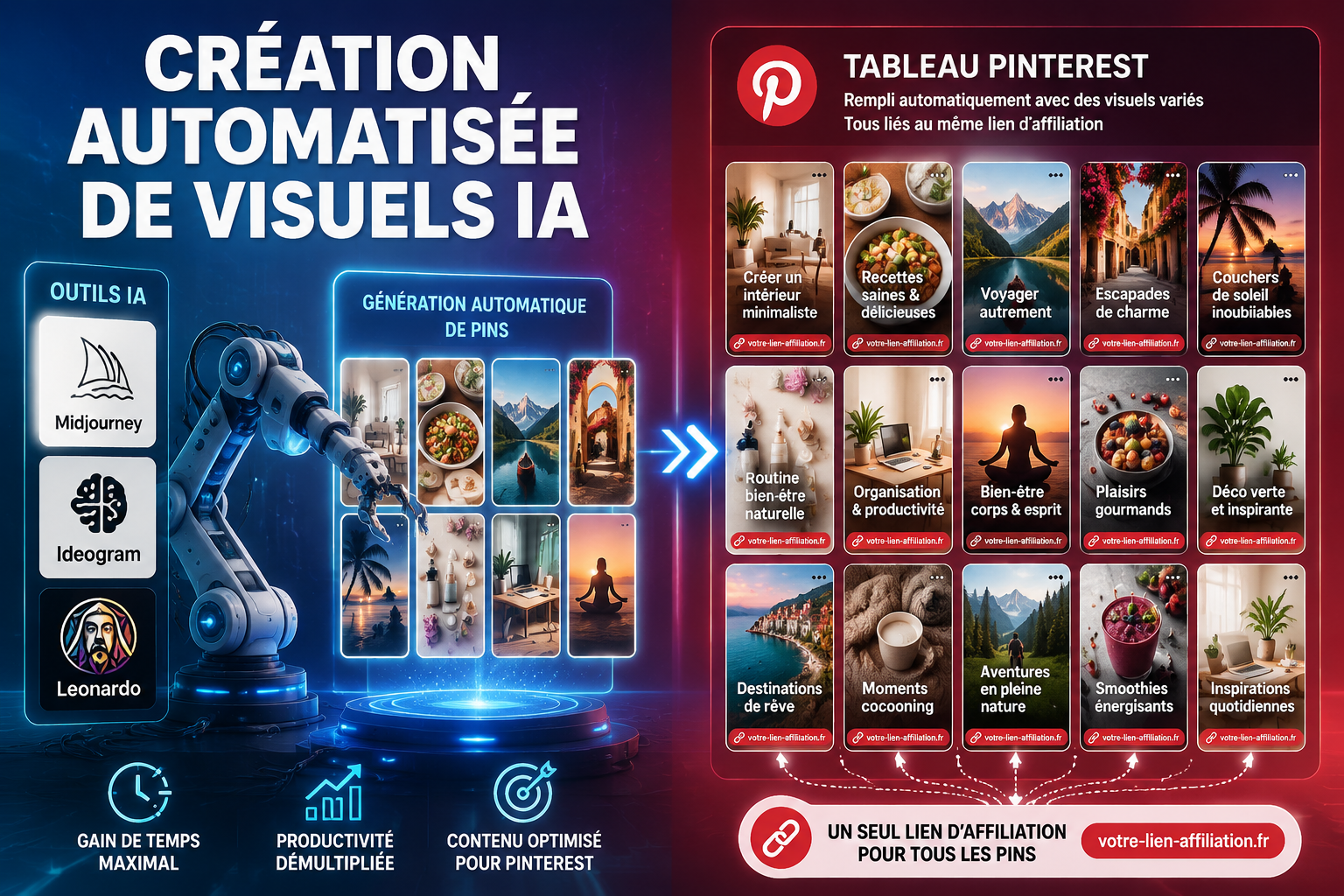 () split-screen composition: left side shows AI tools logos (Midjourney, Ideogram, Leonardo) generating multiple Pinterest