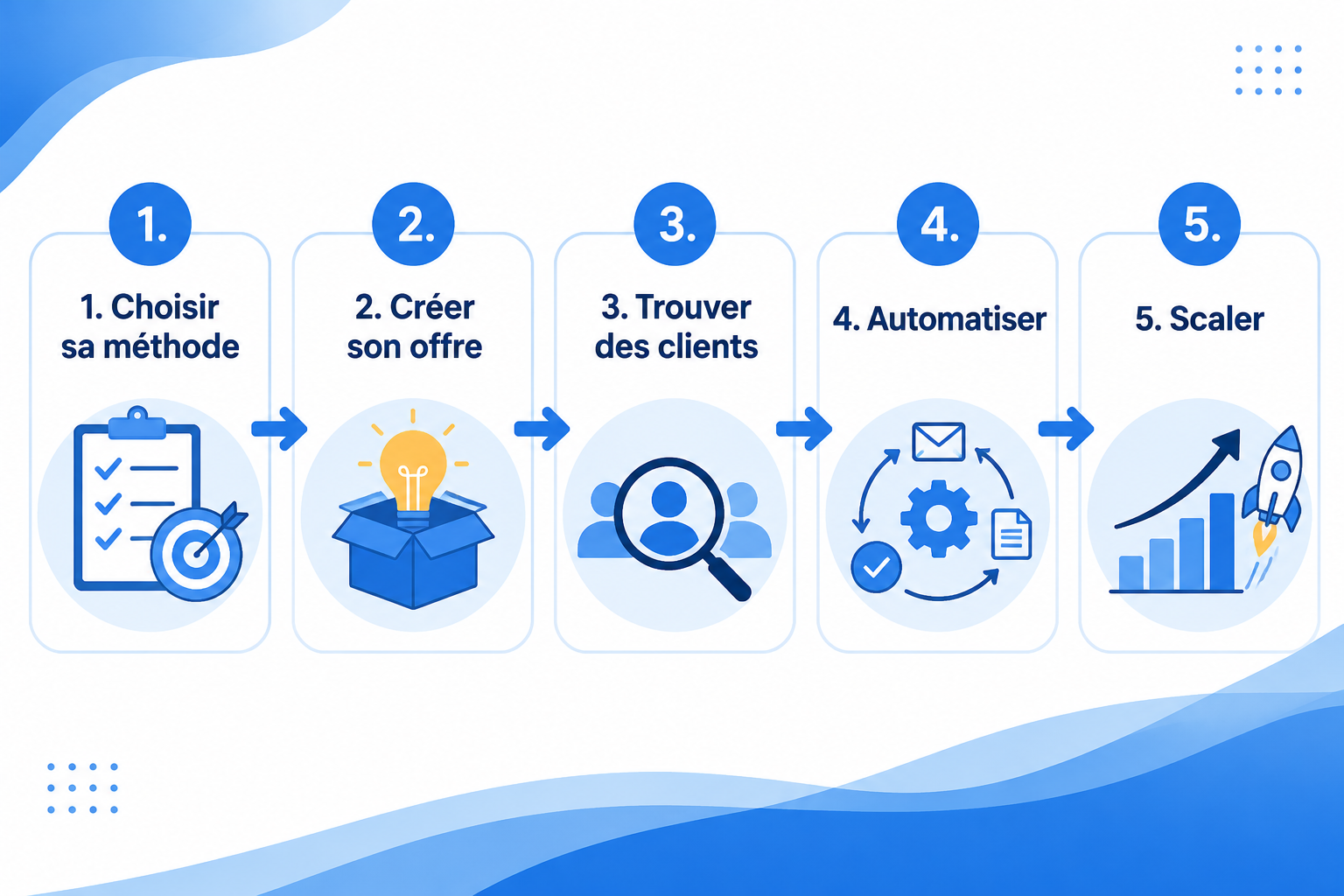 () step-by-step visual roadmap in French showing numbered stages: '1. Choisir sa méthode', '2. Créer son offre', '3. Trouver