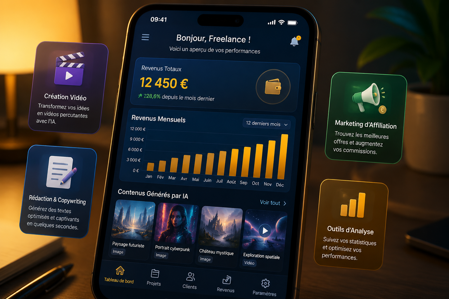 Close-up of a smartphone screen displaying a freelance earnings dashboard with AI-generated content thumbnails, bar chart