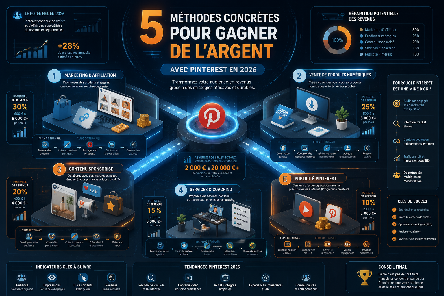Comprehensive visual guide showcasing '5 méthodes concrètes pour gagner de l'argent' with an isometric design. Each method