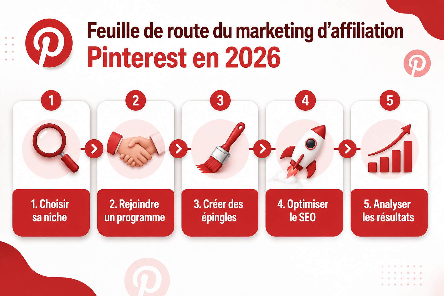 () step-by-step visual roadmap for Pinterest affiliate marketing in 2026, showing a horizontal flowchart with 5