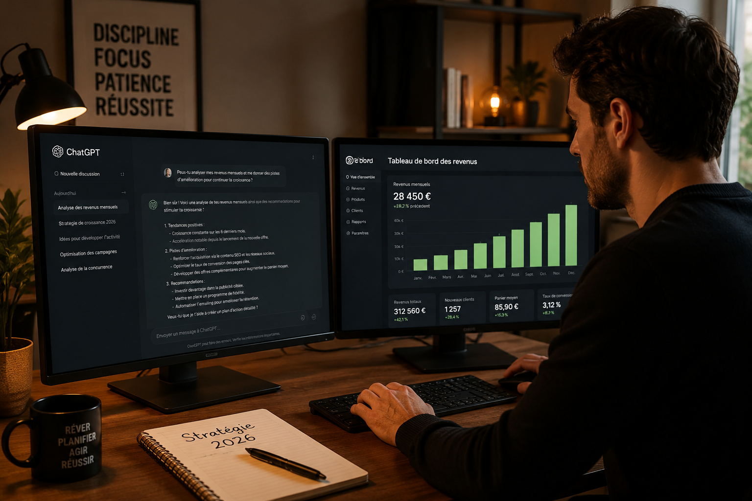 () realistic scene of a French entrepreneur reviewing revenue analytics on dual monitors, one screen showing ChatGPT