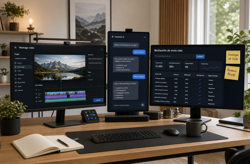 Wide-angle view of a minimalist home office setup with multiple screens showing AI tool interfaces including a video editor,