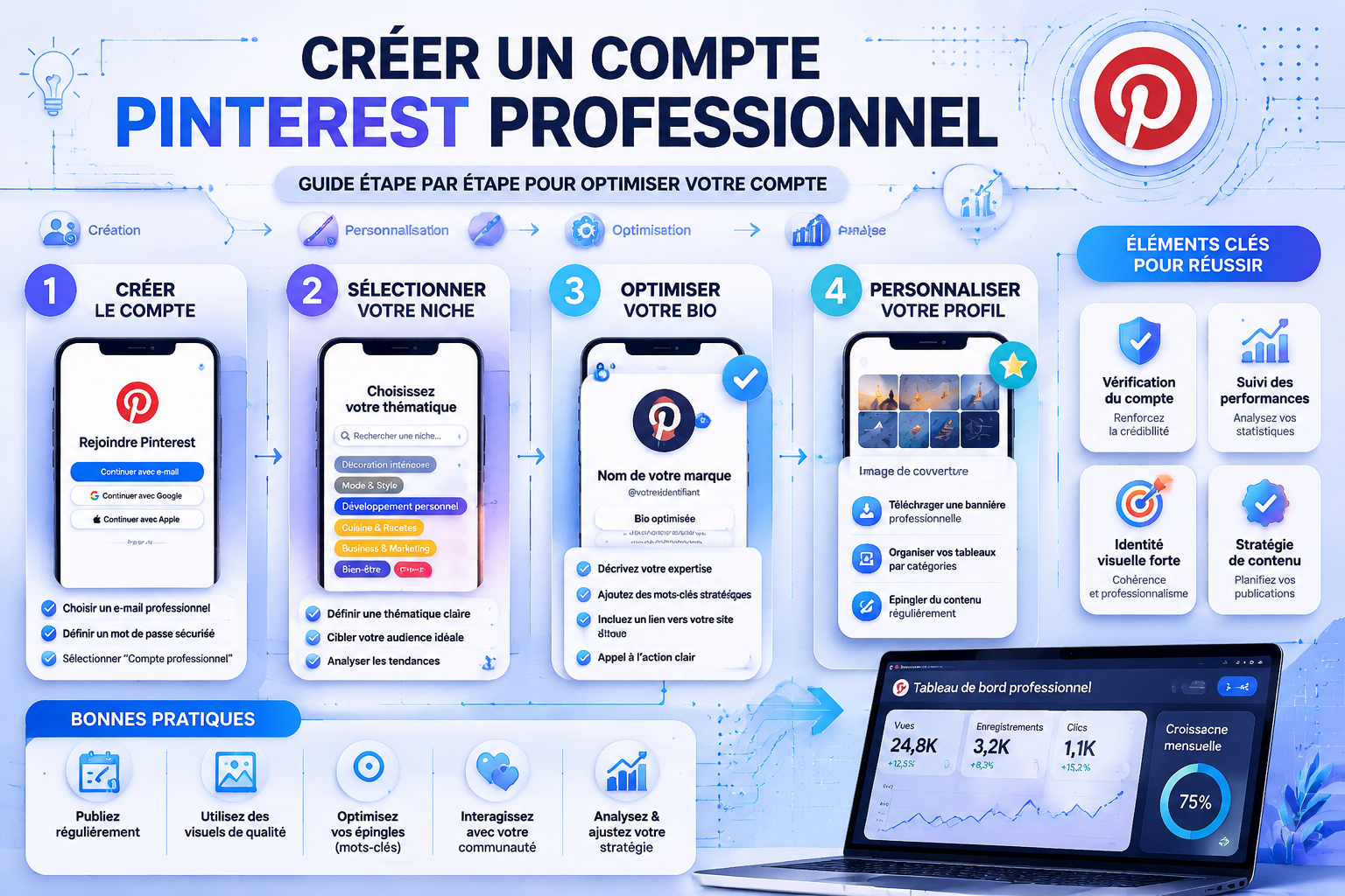 Professional step-by-step guide visualization for 'Créer un compte Pinterest professionnel' featuring a clean, modular
