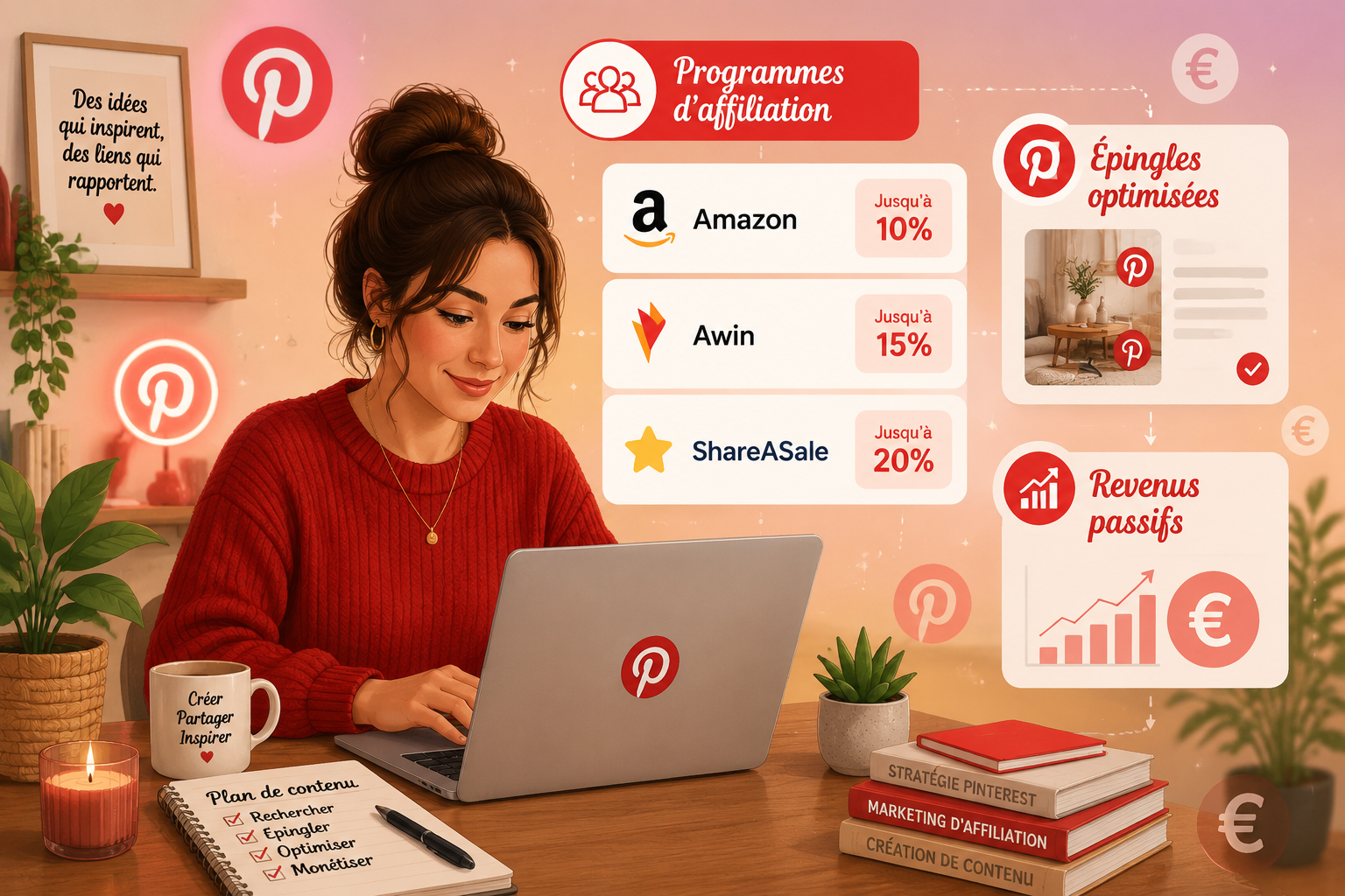 () flat-design illustration of a French content creator at a modern desk working on Pinterest affiliate strategy, with