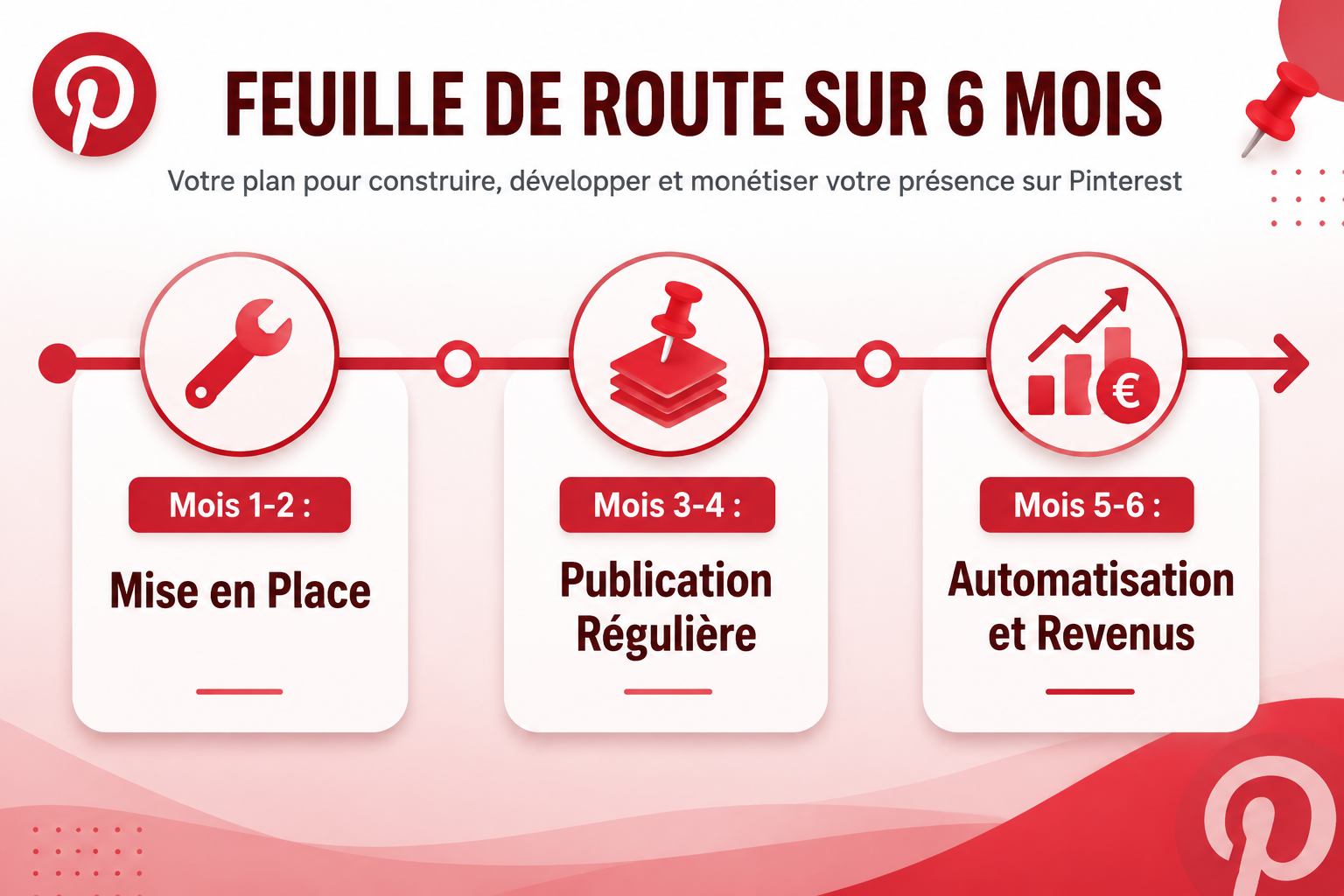 () split timeline graphic showing a 6-month roadmap from left to right with milestone markers labeled in French: 'Mois 1-2: